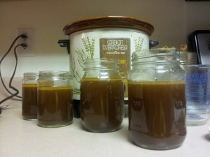 Finished Pork Broth with fat. Leaving plenty of head-space in the jars.